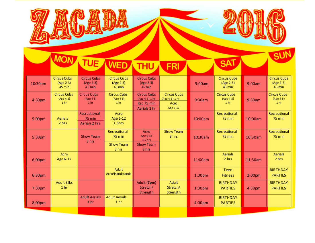 Class Schedule Zacada Circus School